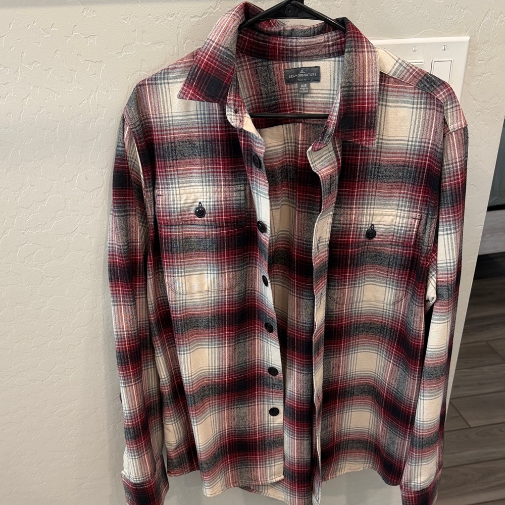 L.L. Bean Men's Plaid Flannel Shirt - Red and Cream